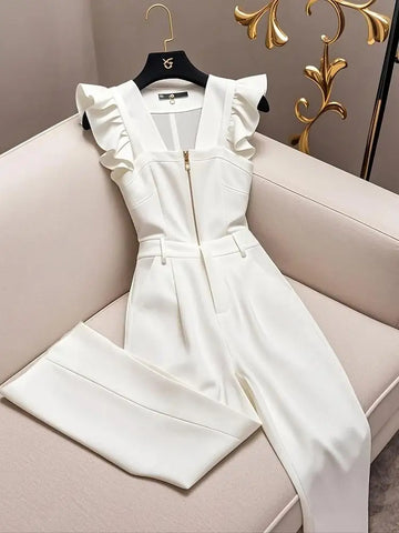 Oversized Luxury Temperament Jumpsuit Women Ruffles Sleeveless Elegant White Jumpsuit with Belt