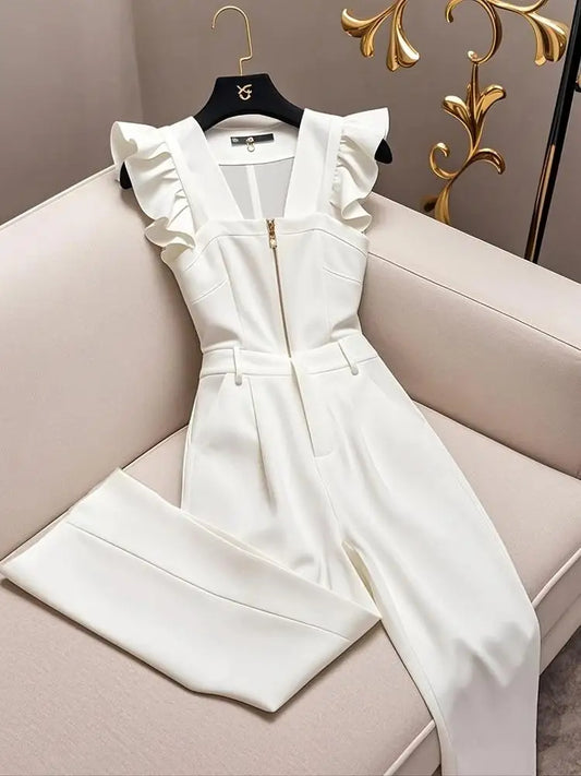 Oversized Luxury Temperament Jumpsuit Women Ruffles Sleeveless Elegant White Jumpsuit with Belt