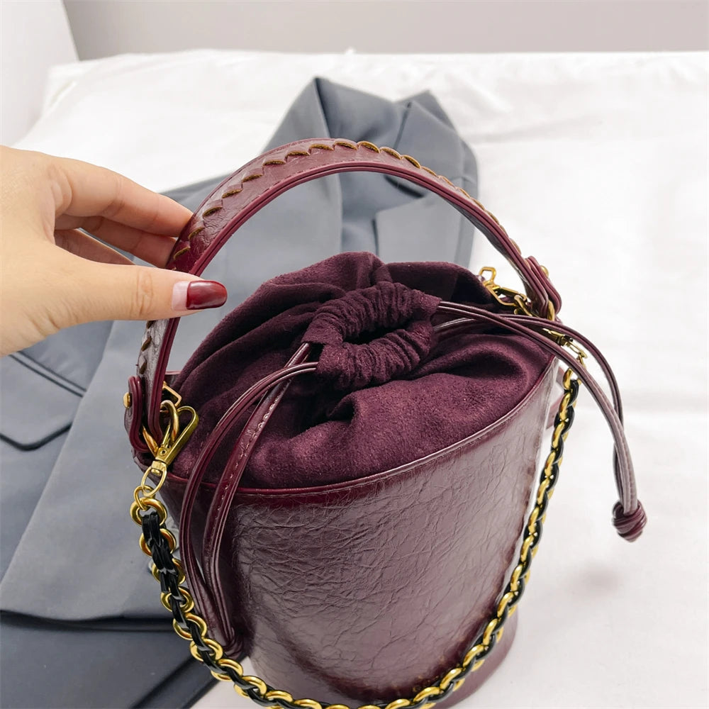 Retro Bucket Crossbody Bags For Women Oil-waxed Leather 2-IN-1 Chain Shoulder Bag