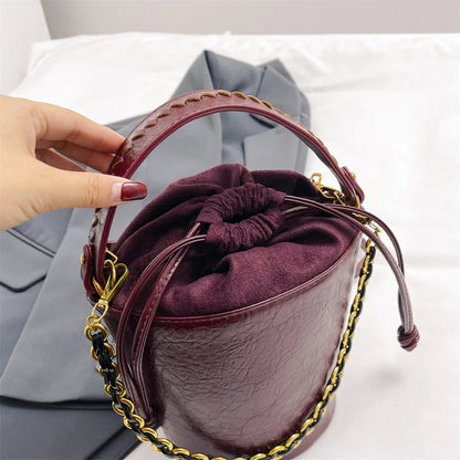Retro Bucket Crossbody Bags For Women Oil-waxed Leather 2-IN-1 Chain Shoulder Bag