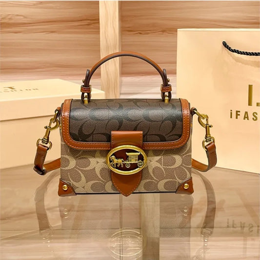 contrasting color women's bag, high-end carriage crossbody bag, portable box bag