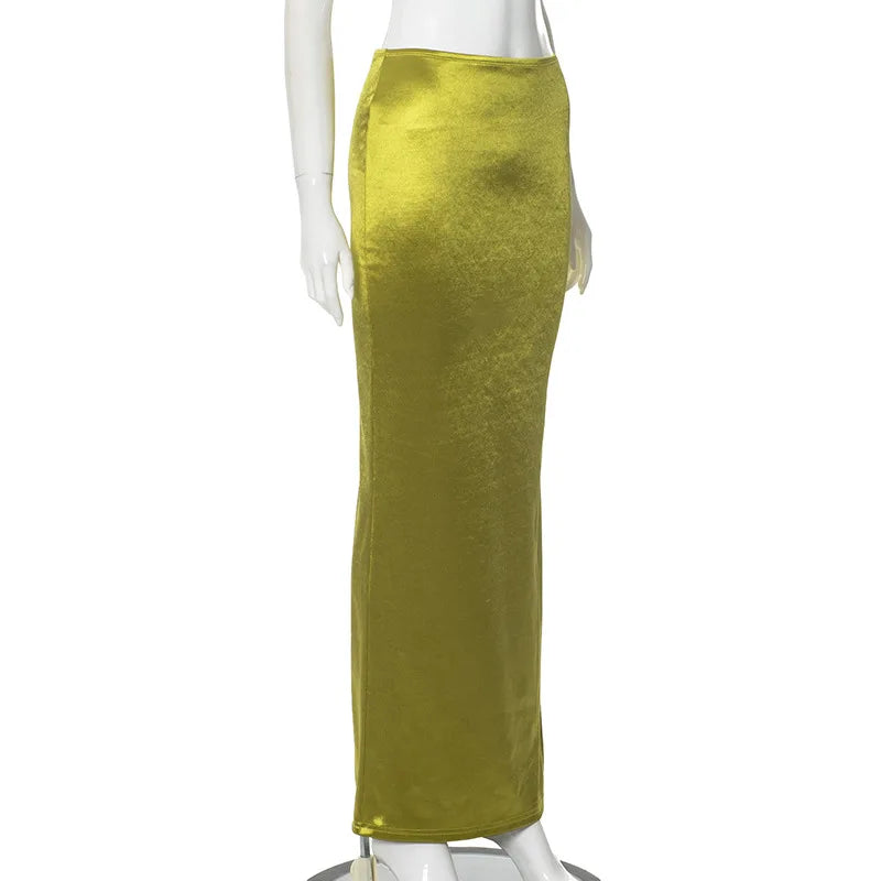 Shiny High Waist Hip Skirt Sexy Side Slit Bodycon Maxi Skirts Club Bottoms