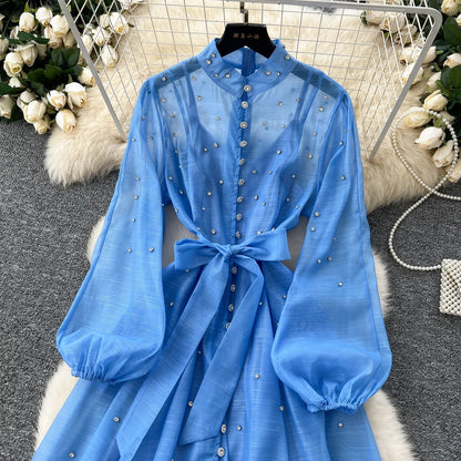 Elegant Lantern Sleeves Vintage Stand Collar Chic Single Breasted Rhinestone Bandage Slim High Street Long Dresses