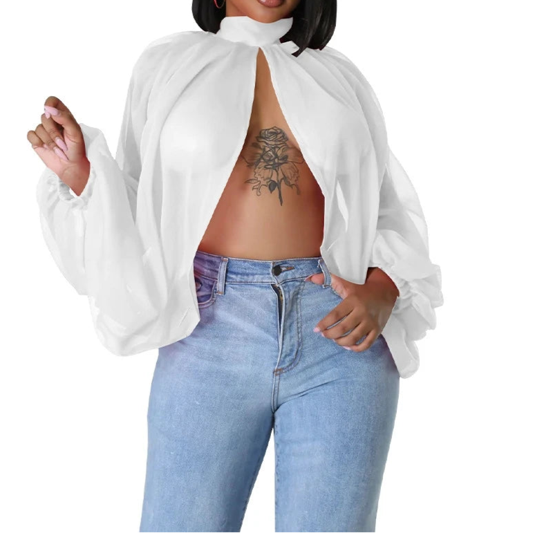 Womens Chiffon Blouse Sexy See Through Lantern Sleeve Front Back Open High Neck Blouses Tops