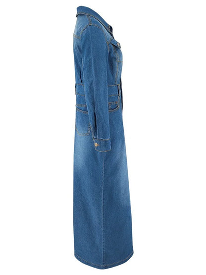 Denim Dress Women Sexy Button Bodycon Maxi Fashion Slip Hem Pockets Maxi Dressers