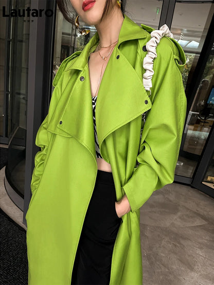 Luxury Long Oversized Bright Green Faux Leather Trench Coat for Women