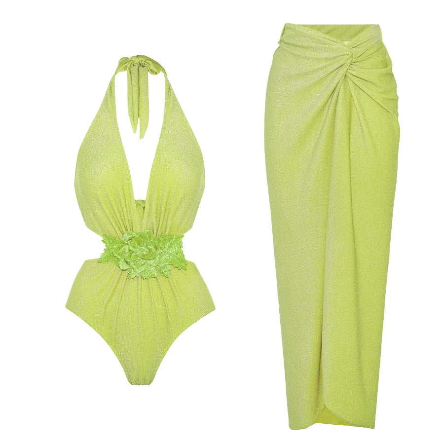Swimwear Women With Skirt Bathing Suit Summer New Ruffle Splice Print Beachwear Bikini Cover Ups