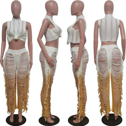 Two Piece Pant Sets Women Sexy Tanks Sleeveless Spliced Hollow Out Beach Vacation Outfit