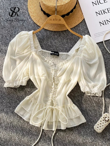 French Style Chiffon Blouse Square Neck Short Sleeves Ruffles Lace Up Beach Top