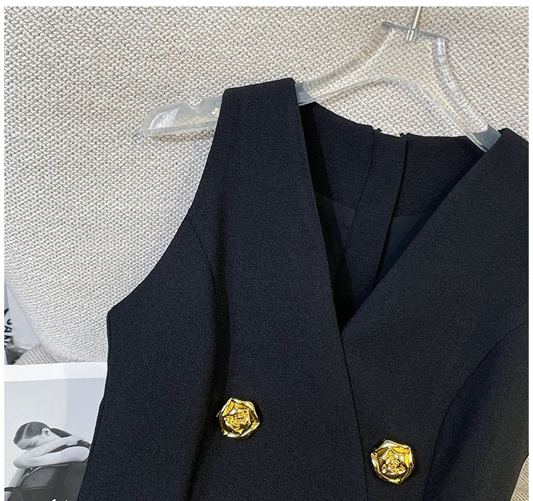 French Elegant Sleeveless A-Line Tunic Blouse Black Classic Gold Button