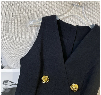 French Elegant Sleeveless A-Line Tunic Blouse Black Classic Gold Button