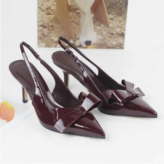Butterfly-Knot Ladies High Heeled Sandals Elegant Pointed Toe Burgundy Sling back Heels