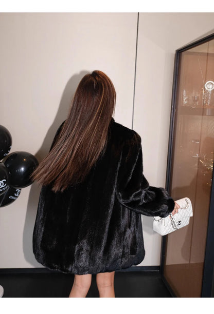 Brown Thick Warm Soft Faux Mink Fur Coat Women Puff Sleeve Stand Collar Fluffy Jacket