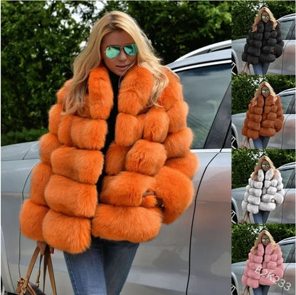 Women Faux Fox Fur Coats Turn Down Collar Thick Warm Elegant Jackets Streetwear