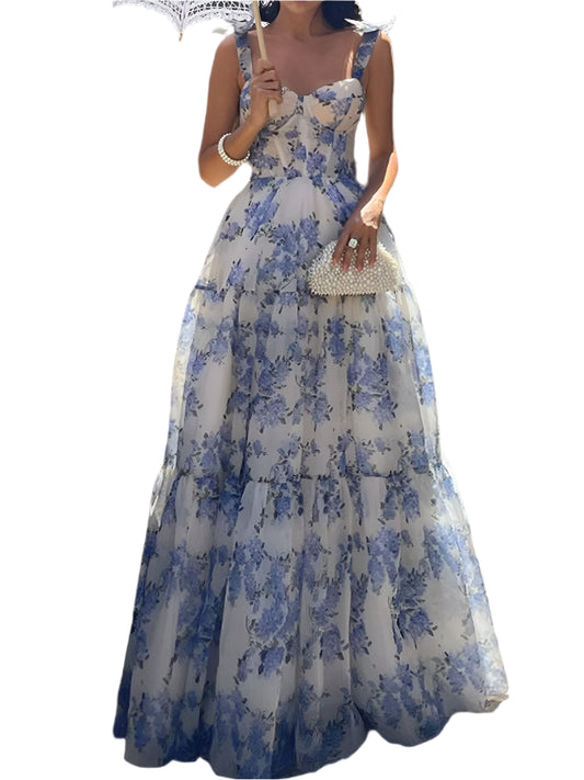 Floral Print Sleeveless Elegant Maxi Party Dress Women Backless Fit Flare Swing Maxi Dress