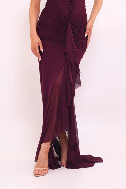 Halter V Neck Backless Sexy Maxi Dress Women Evening Gown Ruffle Dress