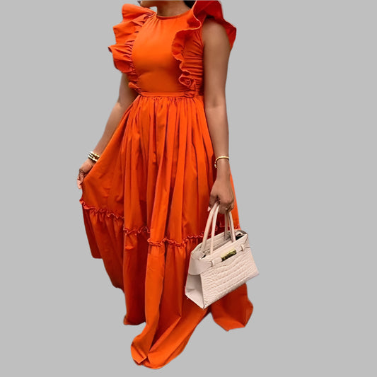 Women Maxi Ruffle Dress Casual Orange Summer Luxury Dress