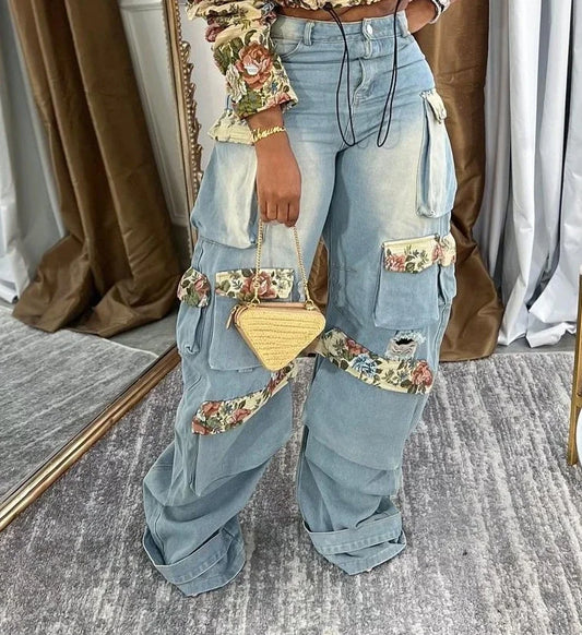 Women Denim Two Piece Set Casual Coat Top Cargo Pants Denim Sets Jeans Wide Leg Matching Suit Streetwear