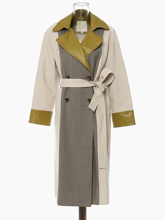 Women Leather Plaid Big Size Trench Coat