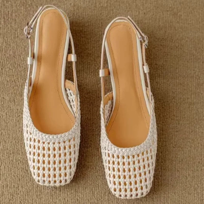 Women's Sandals Summer New Square Head Shallow Hollow Breathable One Line Buckle Shoes