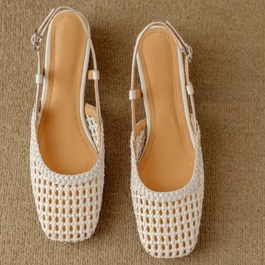 Women's Sandals Summer New Square Head Shallow Hollow Breathable One Line Buckle Shoes