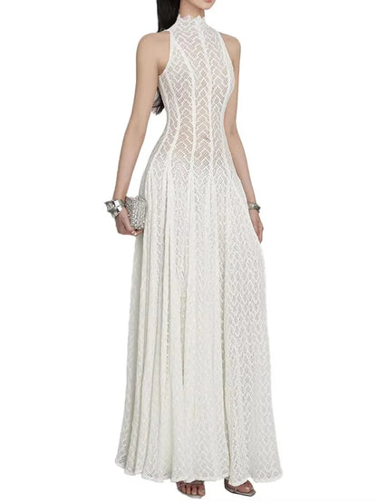 Solid Spliced Appliques Loose Maxi Dress For Women O Neck Sleeveless High Waist Dress