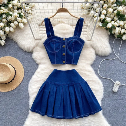 Denim Skirt Stets Two Pieces Sleeveless Tanks Top and Pleated Mini Skirt