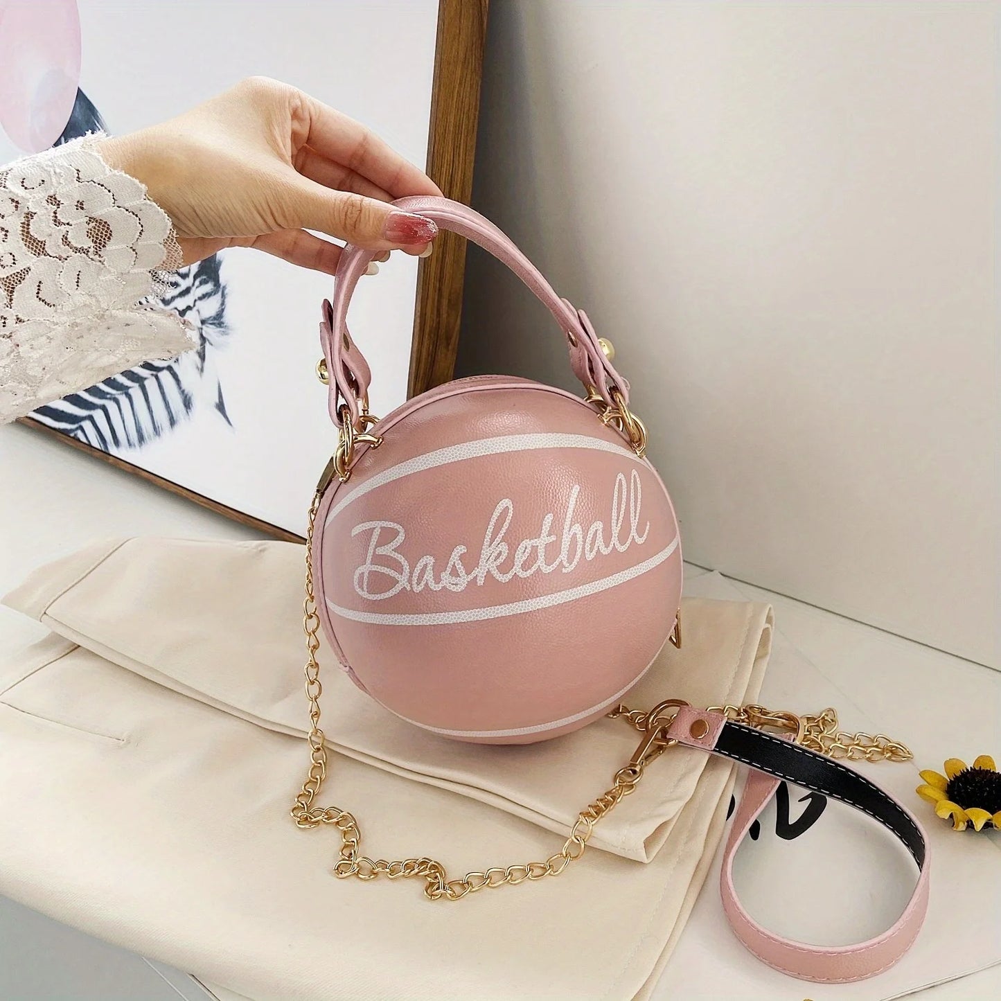 Basketball Shaped Crossbody Bag, Trendy Y2K Chain Shoulder Bag