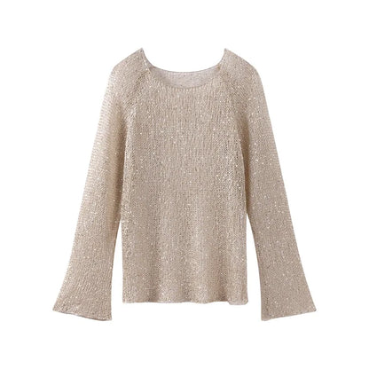 Sequins Hollow Out Pullovers Women Loose O-neck Long Sleeve Knit Sweaters