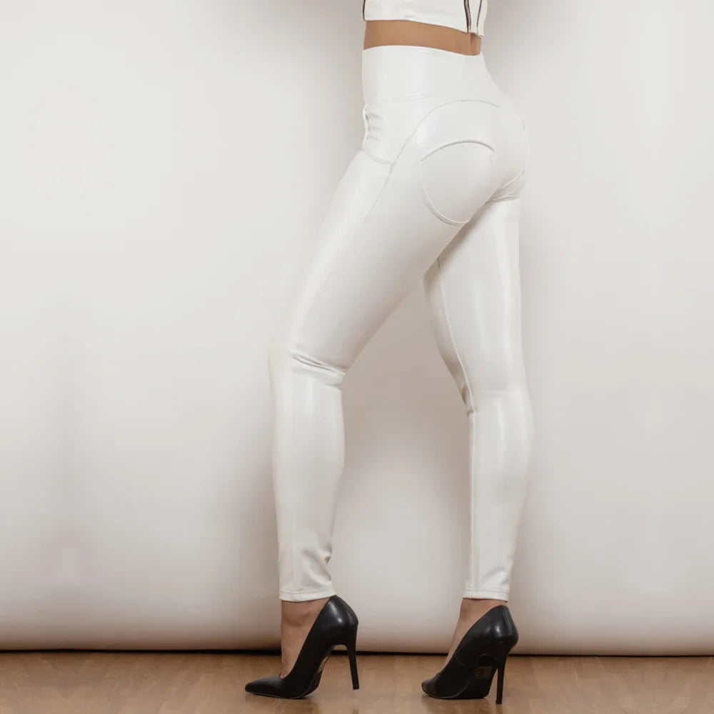 Glossy Pants High-Waisted Metallic Leather Leggings Scrunch Butt Pants for Women