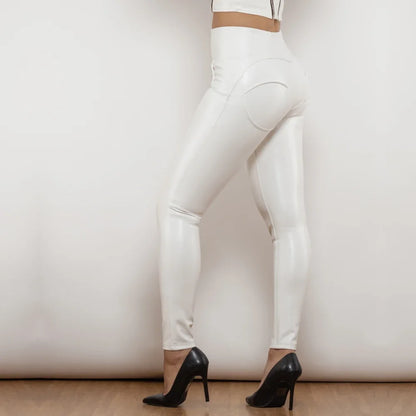 Glossy Pants High-Waisted Metallic Leather Leggings Scrunch Butt Pants for Women