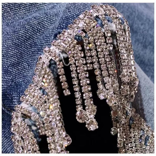 Rhinestones Fringed High Waist Hot Drilling Denim Shorts Diamonds Tassels Jeans Short