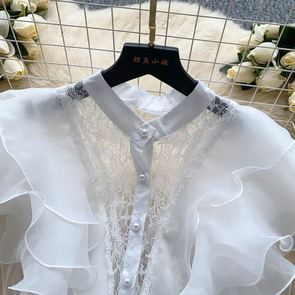 Ruffle Blouses Women French Style Single Breasted Lace Patchwork Shirt Summer Top