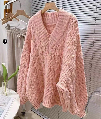 Lantern Sleeve Knit Sweater Women Korean Solid Twist V-Neck Pullover Jumper