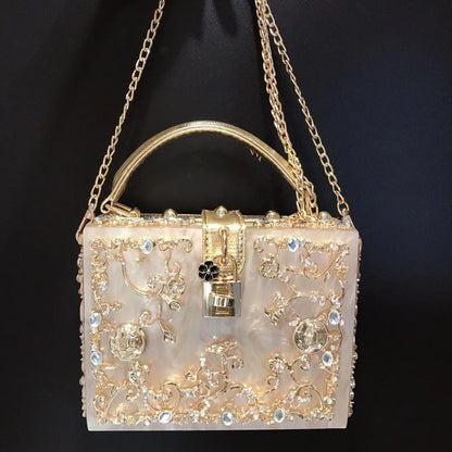 High-Grade Crystal Evening Bag Female New Hollow Out Metal Carved Flower Diamond Handbag
