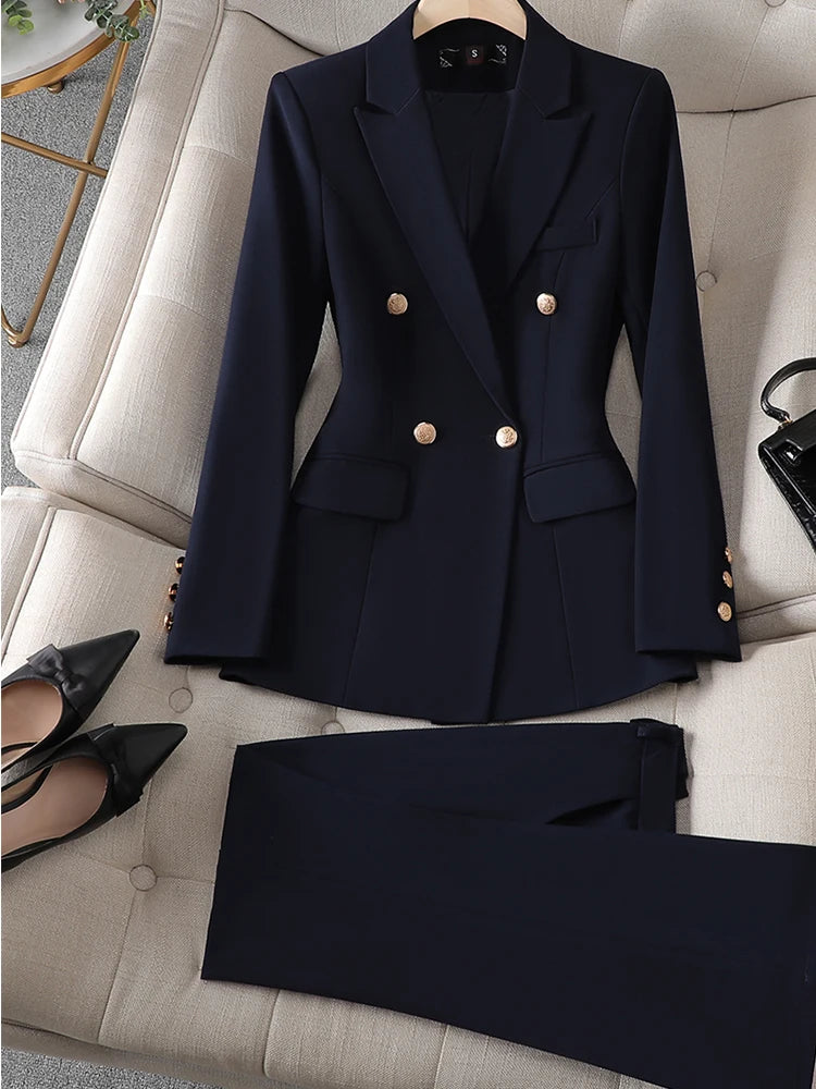 Women Pant Suit Long Sleeve Solid Ladies Blazer and Trouser Formal 2 Piece Set