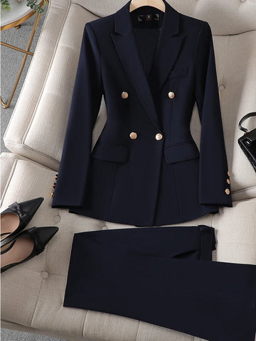 Women Pant Suit Long Sleeve Solid Ladies Blazer and Trouser Formal 2 Piece Set