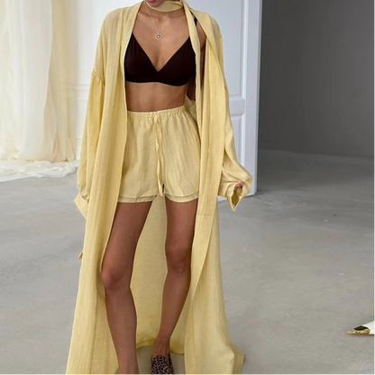 Loose Long Cardigan Lace Up Shorts Sets Women Crop Solid Balloon Sleeve Shirts Elastic Wide Leg Short Pants
