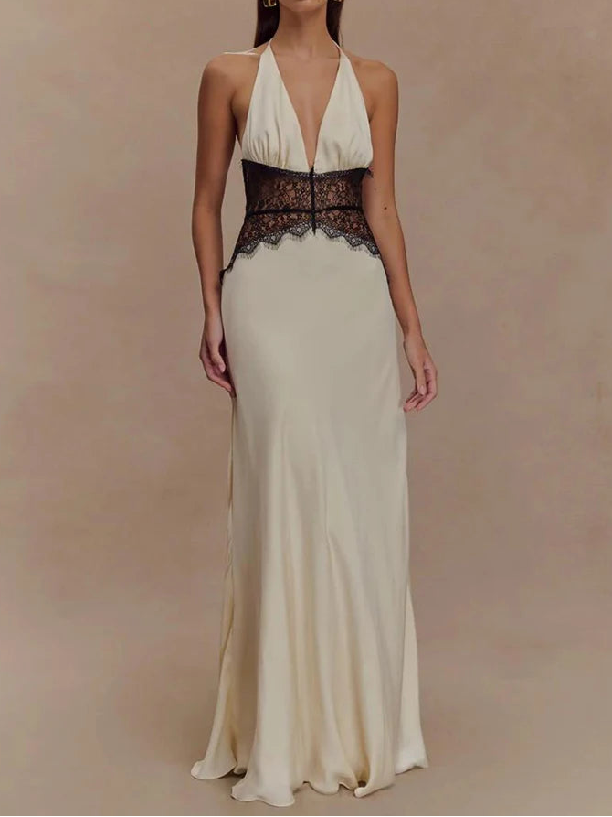 Backless Sexy Maxi Dress Women Gown Patchwork Lace Halter Deep V Neck Maxi Dress