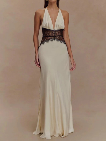 Backless Sexy Maxi Dress Women Gown Patchwork Lace Halter Deep V Neck Maxi Dress
