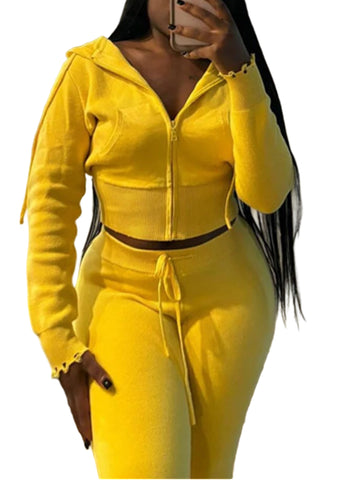 Sporty Casual 2 Piece Set Women Hooded Cardigan Crop Jacket + Drawstring Straight Pants Tracksuit