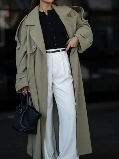 Urban Solid Double Breasted Long Women Coat Loose Full Sleeve Belt Double Breasted Jacket