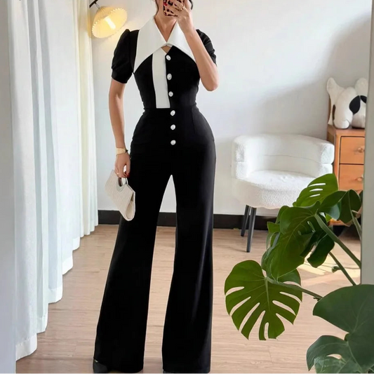 Women Puff Short Sleeve Patchwork Bowknot Button Fly Wide Leg Jumpsuits Street Outfits One Piece Suit Rompers