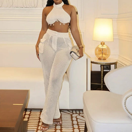 Women's Two Piece Solid Color Neck Hanging Skirt Top with Hollow Pocket Pants Set