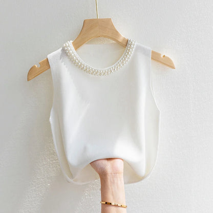 Knitted Sleeveless Beaded Casual Thin Tops