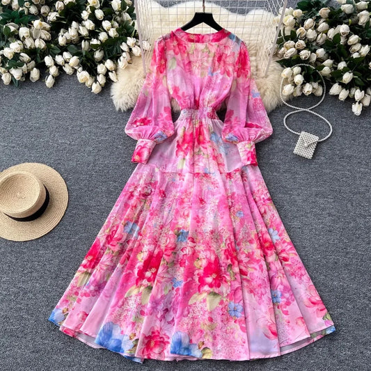 High Waist Big Swing Vestidos Mujer Lantern Long Sleeve Women Dresses Contrast Print Dress V -Neck Summer Dresses