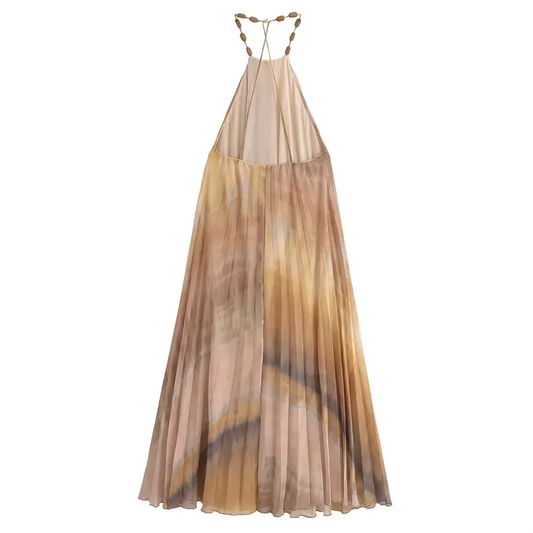 women's backless design with beaded embellishments tie dyed hanging neck collar pleated dress