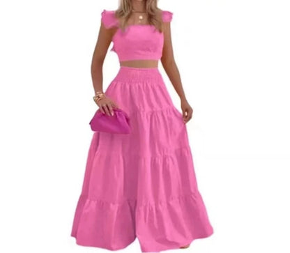 Y2k Two Piece Set Elegant Sexy Collage Sleeveless Top and Maxi Skirt Set