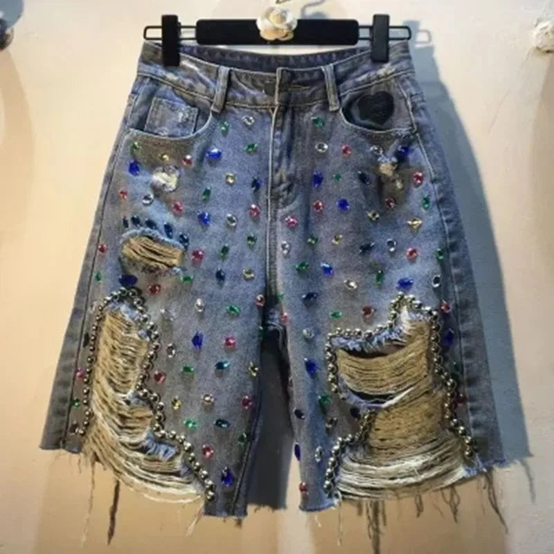 Diamond Beaded Denim Knee Length Shorts Summer Loose High Waist Shorts