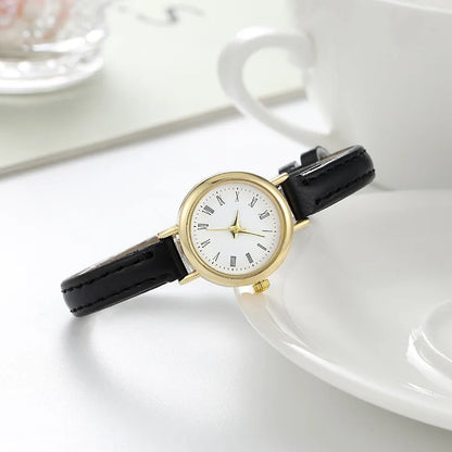 Luxury Design Leather Ladies Watch Quartz Wristwatch Small Round Dial Clock